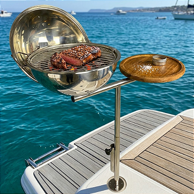 Churrasqueira Náutica em Aço Inox 304 Overboat PGM-350 com Suporte para Tábua e Guarda-Sol (Popa)
