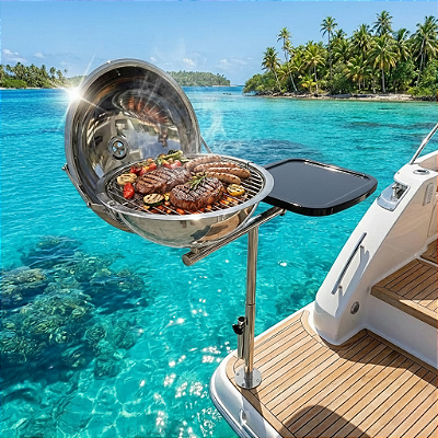 Churrasqueira Náutica em Aço Inox 304 Overboat PGM-314 com Suporte para Guarda-Sol Tábua em Fibra (Popa)