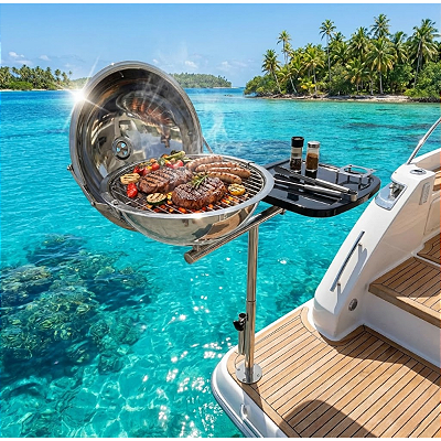 Churrasqueira Náutica em Aço Inox 304 Overboat PGM-314 com Suporte para Tábua em Fibra e Guarda-Sol (Popa)