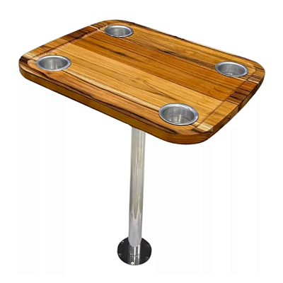 Mesa Náutica Completa Overboat 45x58cm em Madeira Teca com Pedestal Inox e Porta-Copos