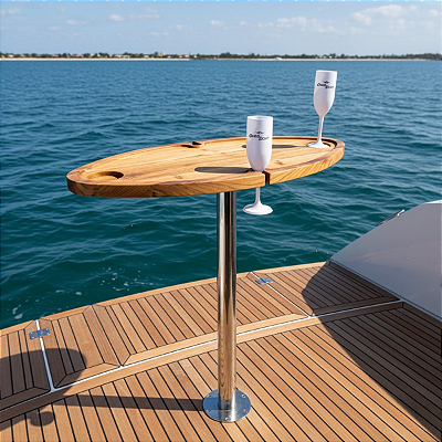 Mesa Náutica Elíptica Completa Overboat 70,5x33,5cm em Madeira Teca com Pedestal Inox e Porta-Taças.