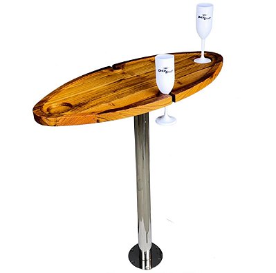 Mesa Náutica Elíptica Completa Overboat 70,5x33,5cm em Madeira Teca com Pedestal Inox e Porta-Taças.