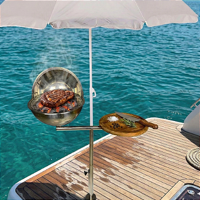Churrasqueira Náutica em Aço Inox Overboat PGM-350-G com Tábua e Guarda-Sol Integrado. (Popa)