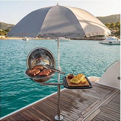 Churrasqueira Náutica Overboat PGM-314-G Inox com Tábua de Fibra e Guarda-Sol