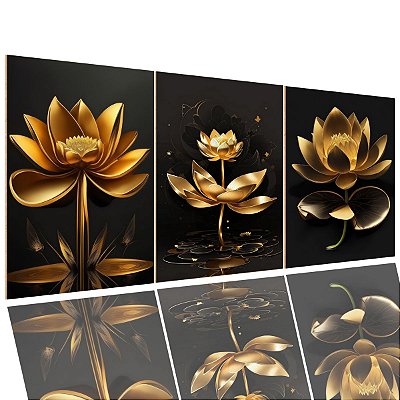 Quadros Decorativo Trio Flor Lotus Dourada 60x30 Sala Quarto