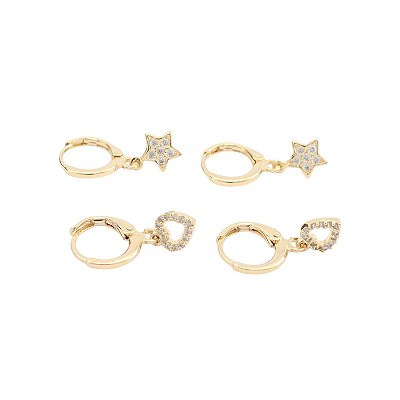 Brinco Coração e Brinco Estrela com Zircônias - Banho de Ouro