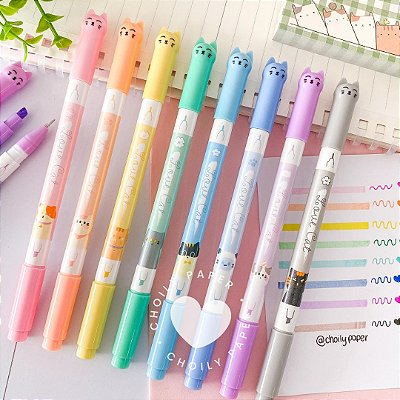 Kit Caneta Fine + Marca Texto - Love Cat