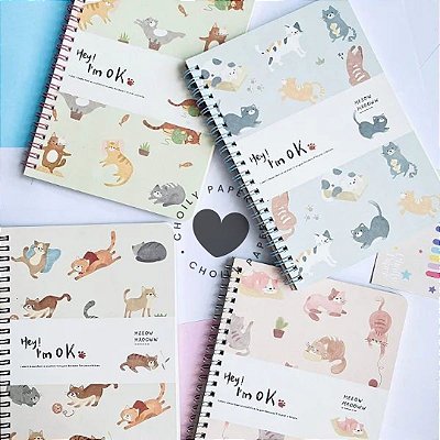 Caderno Espiral Pautado Gatos Tamanho B5 ou A5