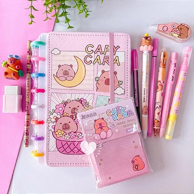 Kit Fofo Capivara com Caderno de Disco A5 - 12 Itens