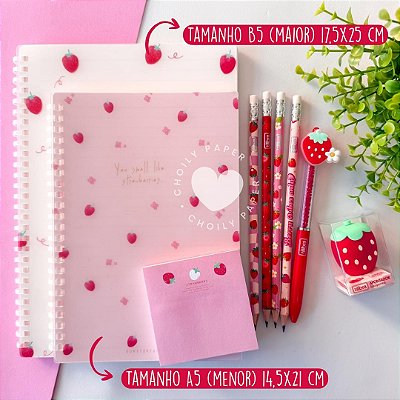 Kit Papelaria Morango com Caderno B5 ou A5 - Tilibra