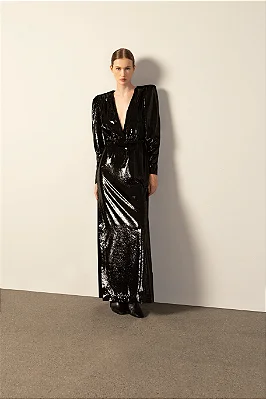 VESTIDO LONGO DECOTE V LAME PRETO