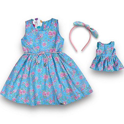 KIT Vestido Infantil + Vestido da Boneca - Azul Floral