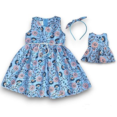 Kit Vestido Infantil + Vestido da Boneca - Azul