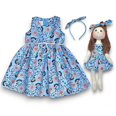 Kit Vestido Infantil COM Boneca - Azul