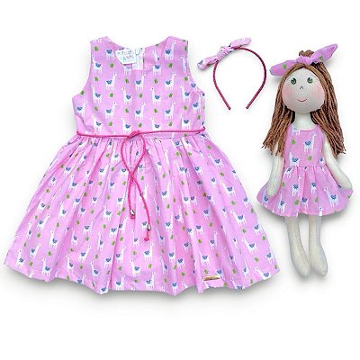 Kit Vestido Infantil COM Boneca - Lhama Rosa
