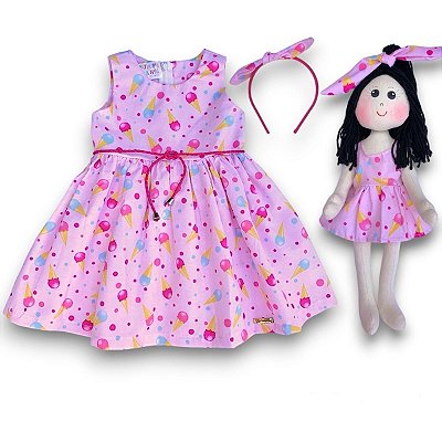 KIT Vestido Infantil COM Boneca de Pano - Sorvete