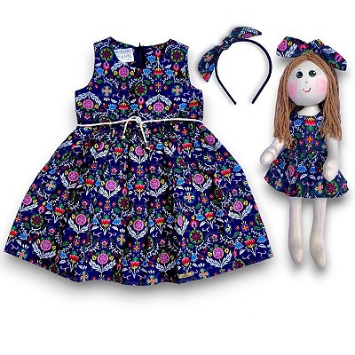 KIT Vestido Infantil COM Boneca de Pano - Marinho