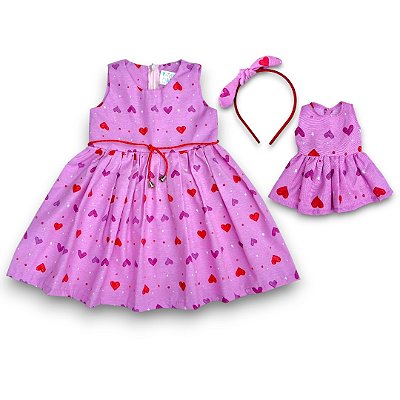 Kit Vestido Infantil + Vestido da Boneca - Rosa Corações