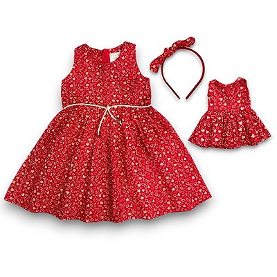 Kit Vestido Infantil + Vestido da Boneca - Vermelho Corações