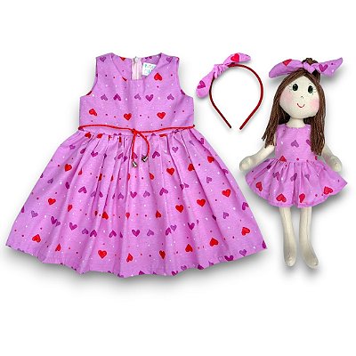 KIT Vestido Infantil COM Boneca de Pano - Rosa Corações