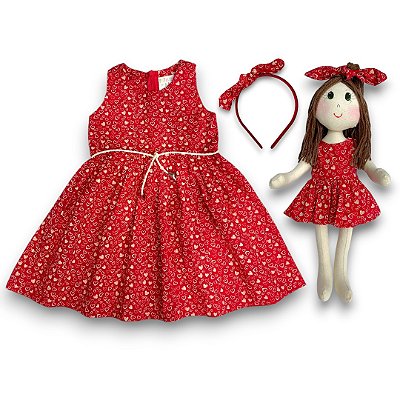 KIT Vestido Infantil COM Boneca de Pano - Vermelho Corações