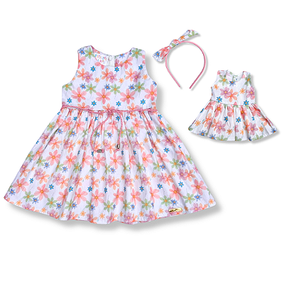 Kit Vestido Infantil + Vestido da Boneca - Branco Flores