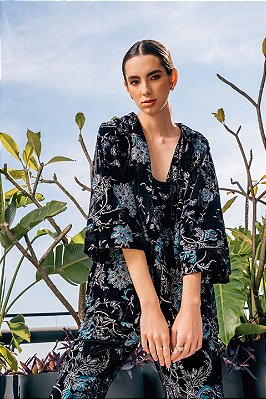 Kimono Julie Veludo Bordado Azul