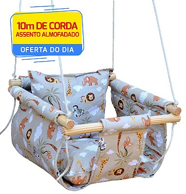 Balanço Infantil Bebê Tecido Madeira Corda Com Almofada - Bege Zoo