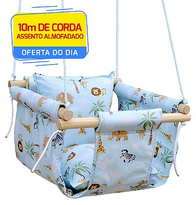 Balanço Infantil Bebê Tecido Madeira Corda Com Almofada - Azul Zoo