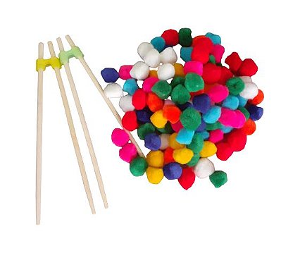 100 Pompons Coloridos + 2 Hashis Para Coordenação Motora Fina