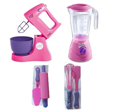 Jogo Cozinha Infantil Batedeira + Liquidificador + 2 Utensílios