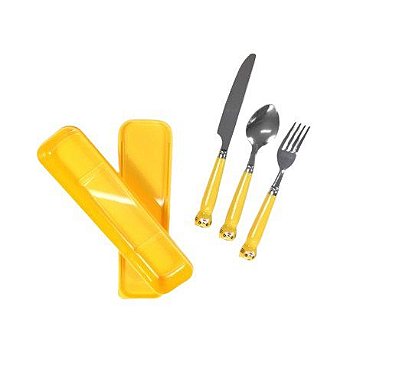 Kit Talher Garfo Faca Colher Gatinho Inox C/ Estojo Adulto e Infantil