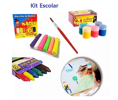 Kit Material Escolar Guache Pincel Massinha Giz De Cera