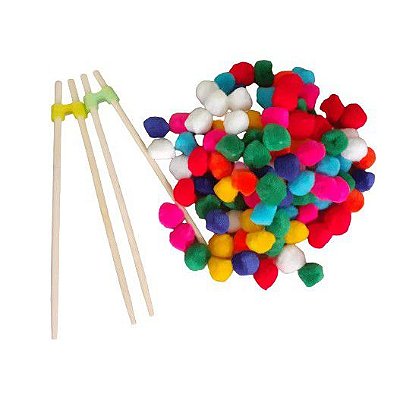 100 Pompons Coloridos com 2 Hashis de Madeira P/ Coordenação Motora Fina