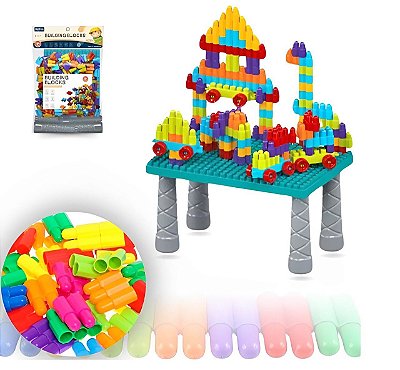 Brinquedo Educativo Blocos De Montar C/ Mesa Infantil 140pçs