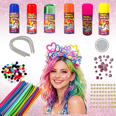 Kit Carnaval Completo com Spray Colorido Tiara +Haste+Pompons+Glitter+Miçangas+Adesivos | Fantasia, Festa e Bloco