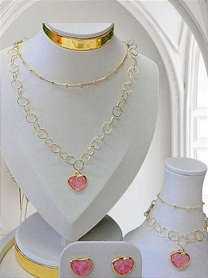 Conjunto Colar de Pedras Naturais Rosa Banhada a Ouro 18k