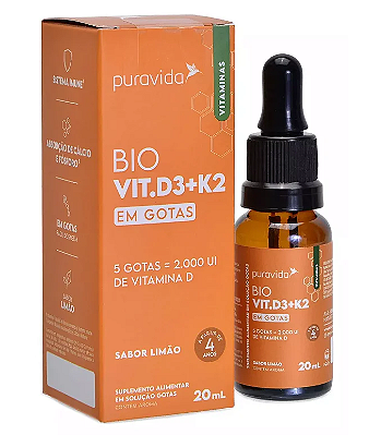 Puravida Vit. D3 + K2 - Suplemento com Vitaminas em Gotas Sabor Limão 20ml