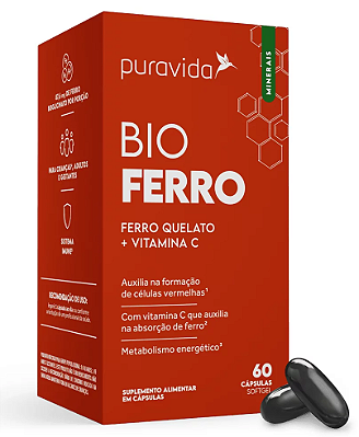 Puravida Bio Ferro Quelato + Vitamina C - Suplemento em Cápsulas - 60 caps