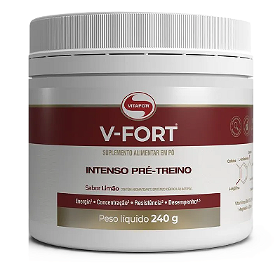 Vitafor V-Fort em Pó Sabor Limão - Pré-Treino c/ Cafeína, Creatina e Aminoácidos 240g