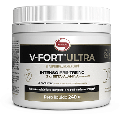 Vitafor V-Fort Ultra em Pó Sabor Limão - Pré-Treino c/ Cafeína, Beta-Alanina e L-Arginina 240g