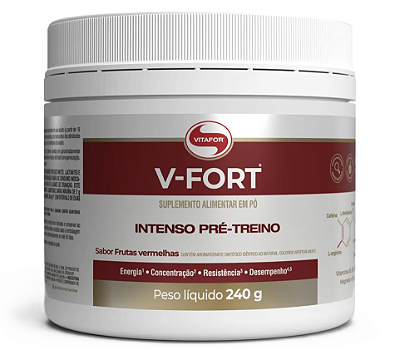 Vitafor V-Fort em Pó Sabor Frutas Vermelhas - Pré-Treino c/ Cafeína, Creatina e Aminoácidos 240g