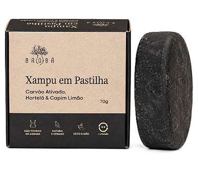 Baobá Xampu em Pastilha Cabelos Oleosos com Carvão Ativado e Hortelã 70g