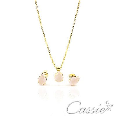 Conjunto Colar e Brinco Gota Mini Zircônia Rosa Claro
