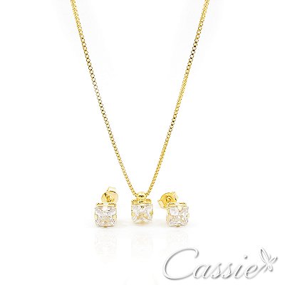 Conjunto Colar e Brinco Quadrado Mini Zircônia