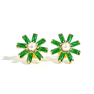 Brinco Flor Pérola Zircônias Verde