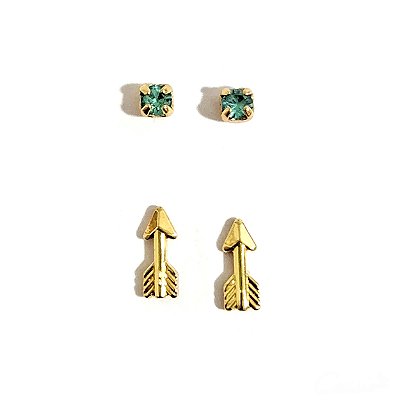 Kit Brincos Flecha e Segundo Furo Strass Azul Turquesa