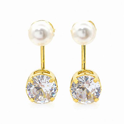 Brinco Grace Kelly Pérola Zircônia Banhado Ouro 18k