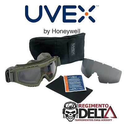 Kit Tático Militar - Óculos de Proteção Verde Ampla Visão UVEX XMF lente incolor + cinza - Antiembaçante Uvextreme