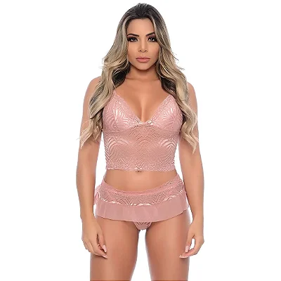 Conjunto Cropped com Sainha em Renda e Tule TAMANHO P